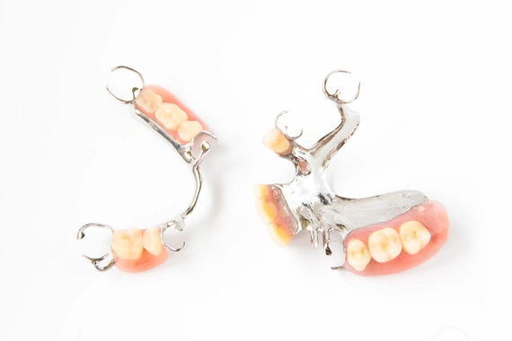 Image of a set of removable partial dentures on a white background.